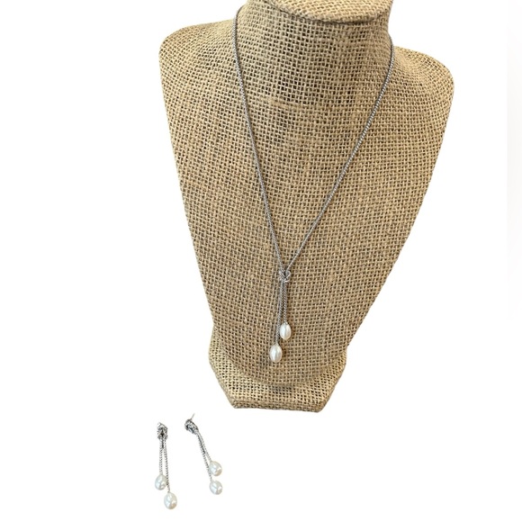 Jewelry - Rhodium over 925 Sterling Silver Freshwater Pearl Dangle Earrings & Necklace Set